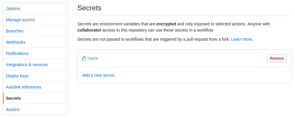 Secrets tab showing saved TOKEN encrypted variable