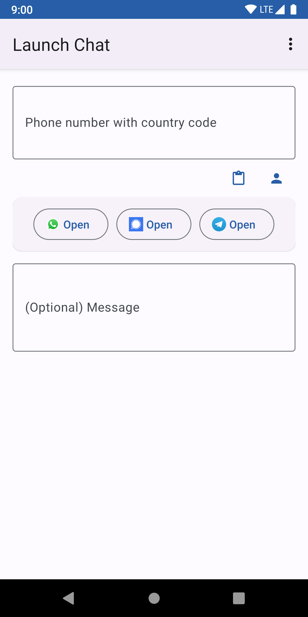 The main screen of the app, showing an input field to enter the phone number, and buttons to launch a chat on WhatsApp, Signal or Telegram