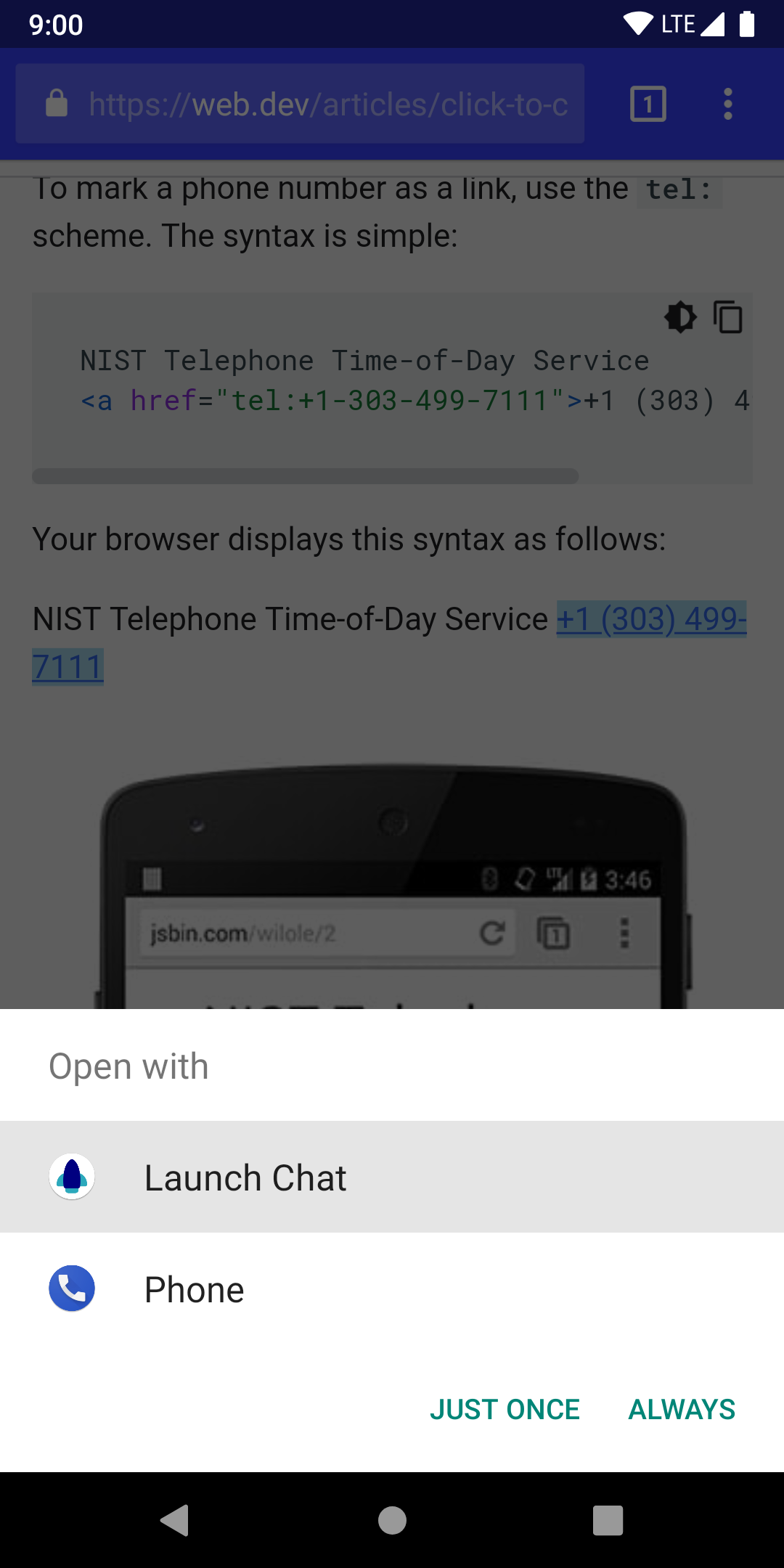 A screenshot demonstrating the use of the app from a browser app when a phone number is clicked