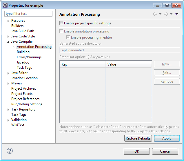 Annotation Processing Settings Pane