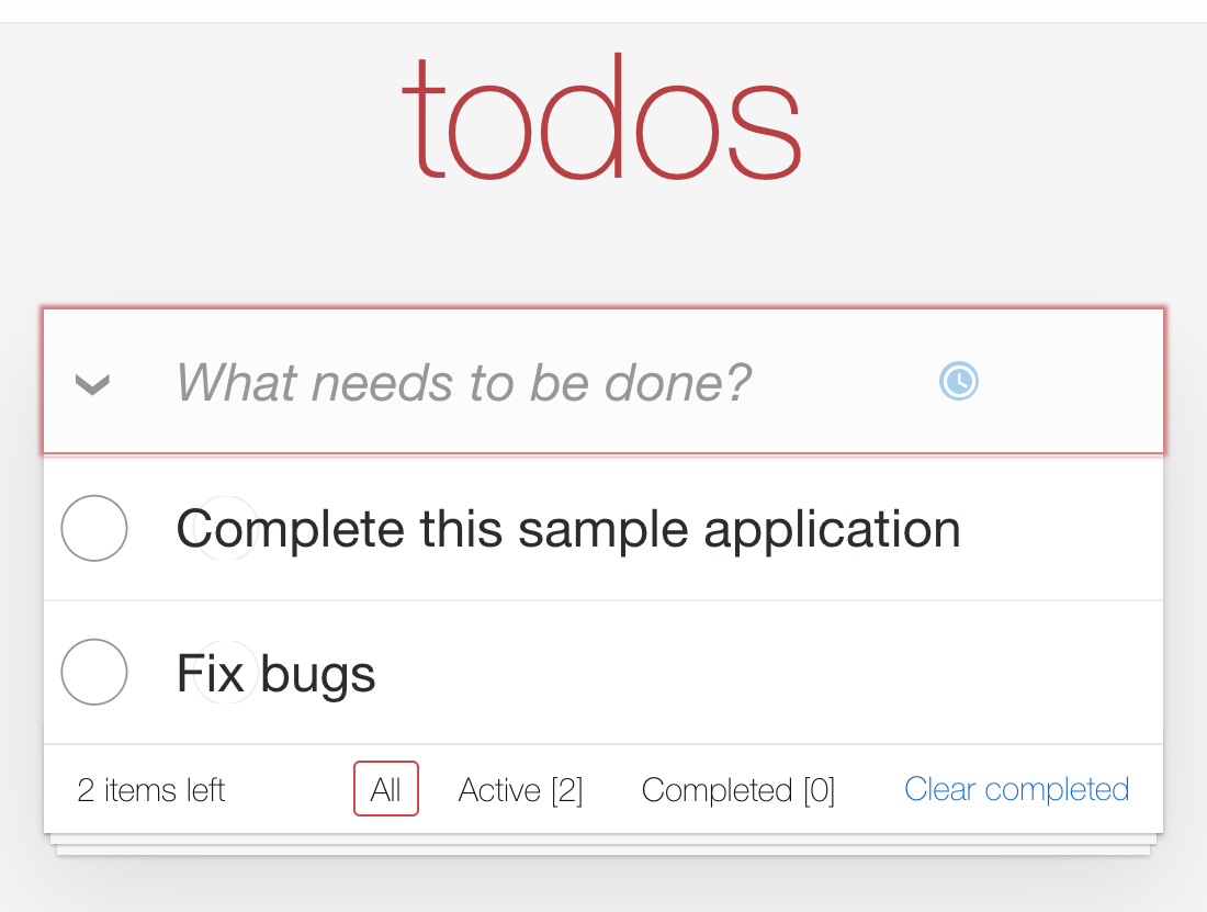 Main todo list screen with items "Complete sample application" and "Fix bugs"