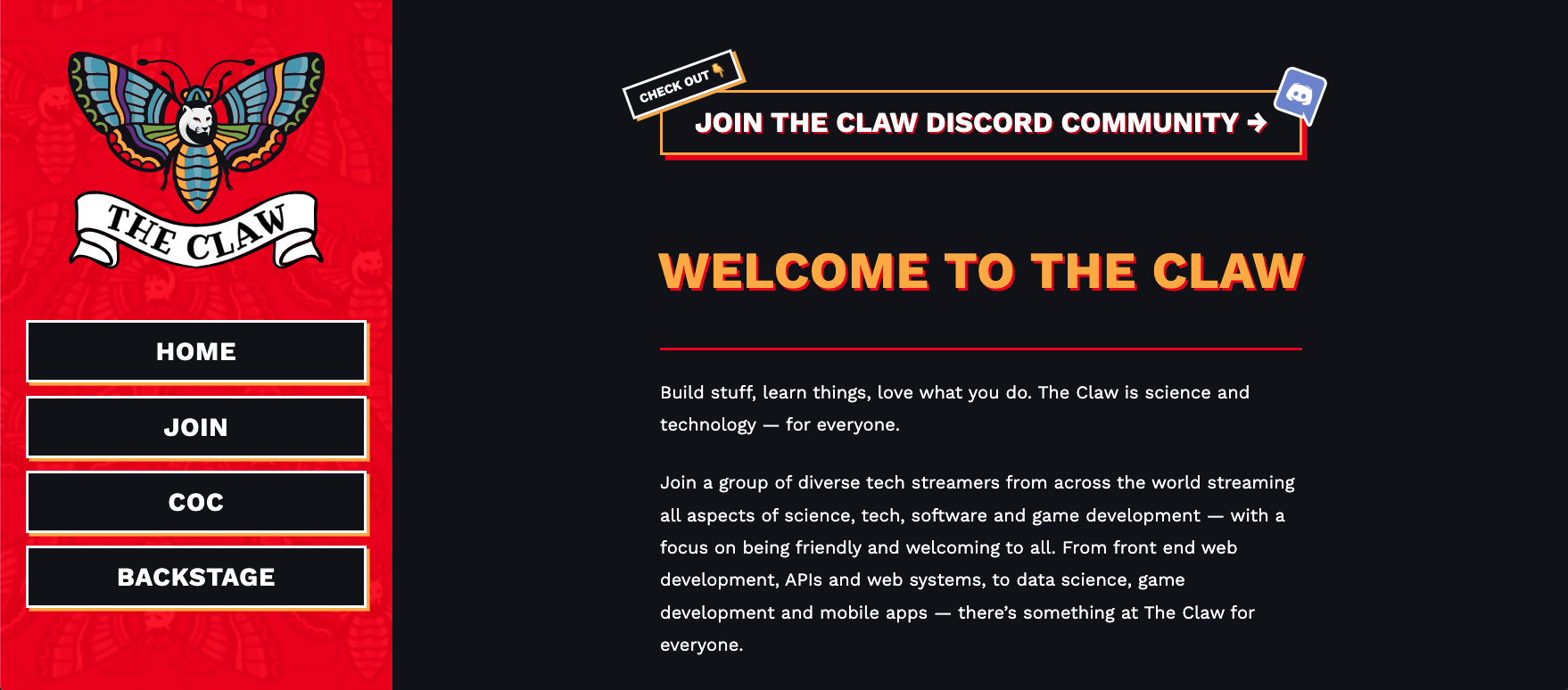 A screenshot of theclaw.team in desktop view showing a red sidebar to the left wiht menu links below the moth logo and the introduction to the team and what it is about on the right