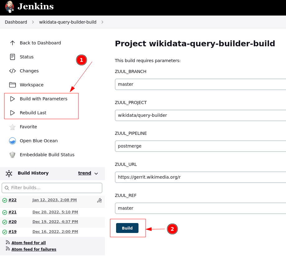 Screenshot of the Jenkins dashboard for the build repo. Highlighted are the build buttons in the sidebar with a "1" and the "Build" button in the main part with a "2"
