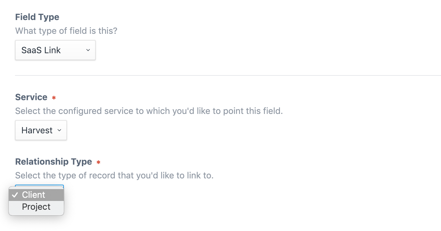 SaaS Link field settings.