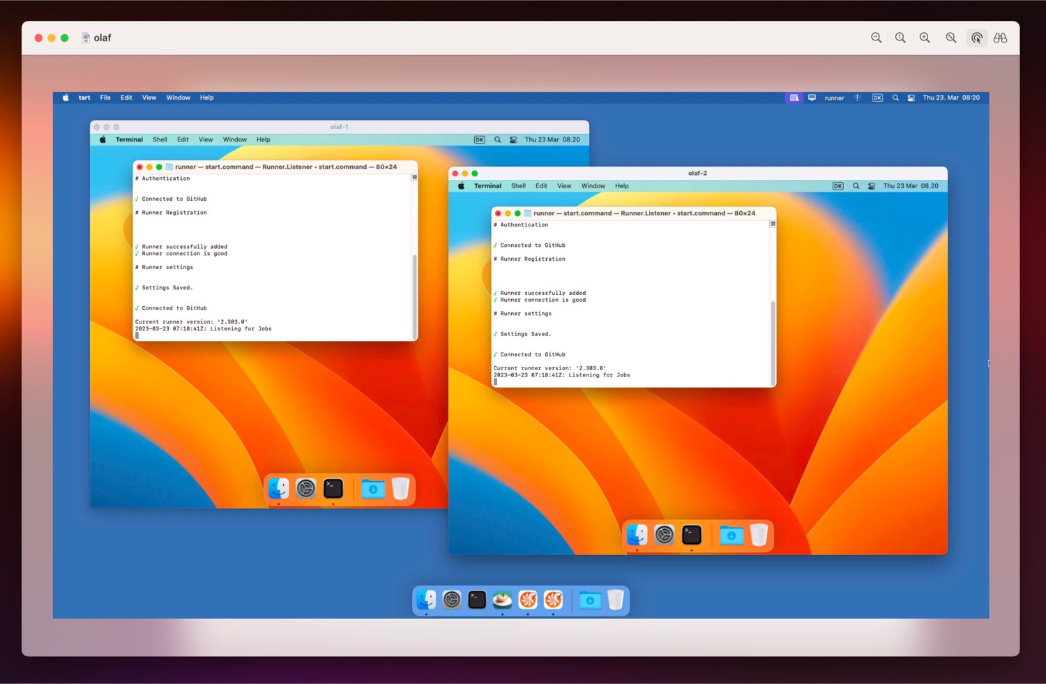 Screenshot of Tartelet running two virtual machines