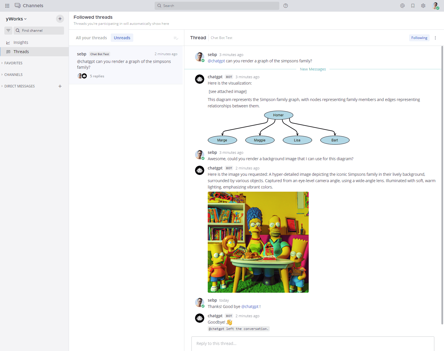 A chat window in Mattermost showing the chat between the OpenAI bot and "yGuy"
