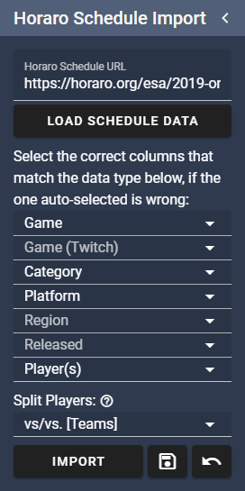 Horaro Schedule Import Settings