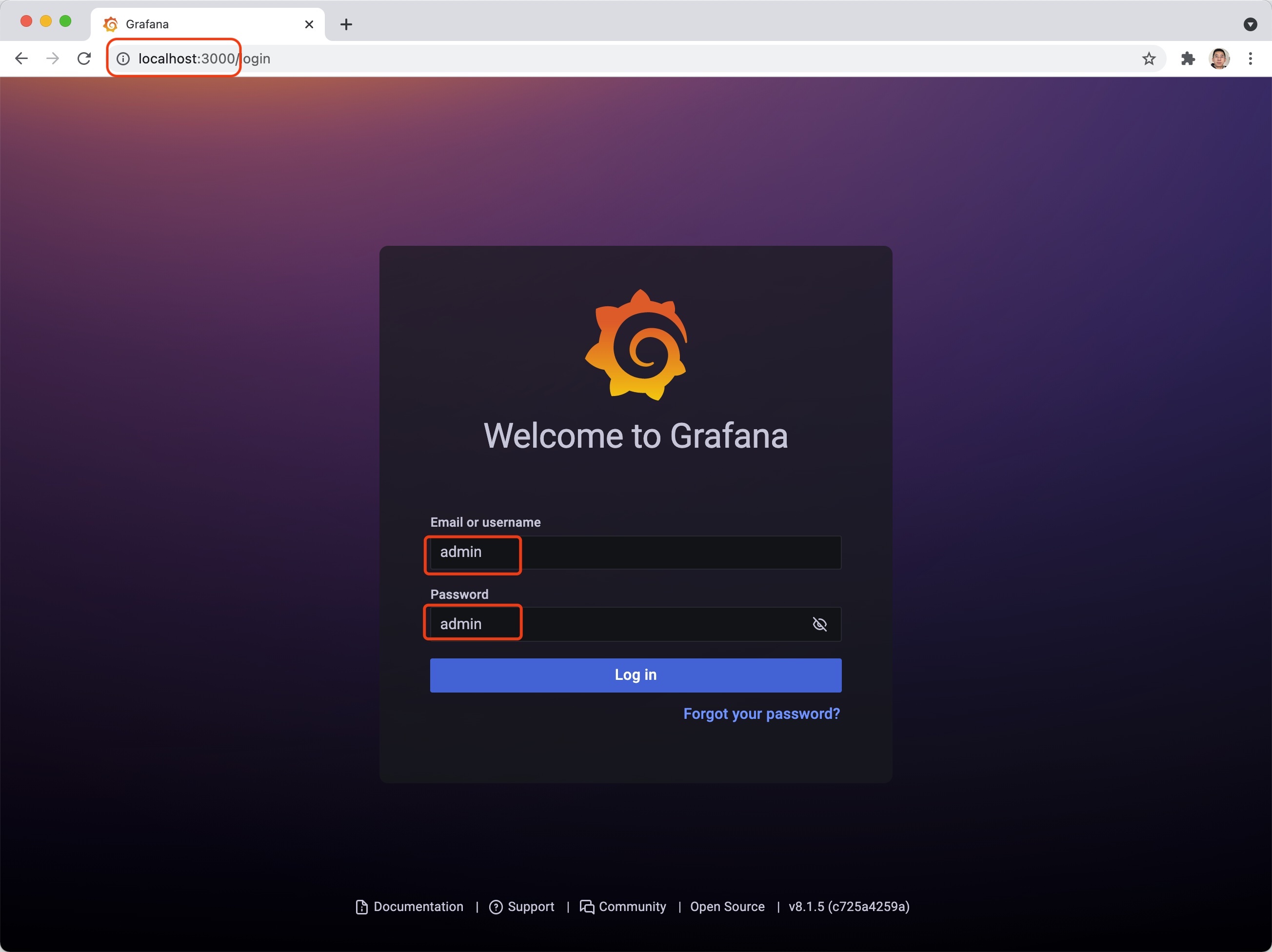 Docker Demo: Grafana login page