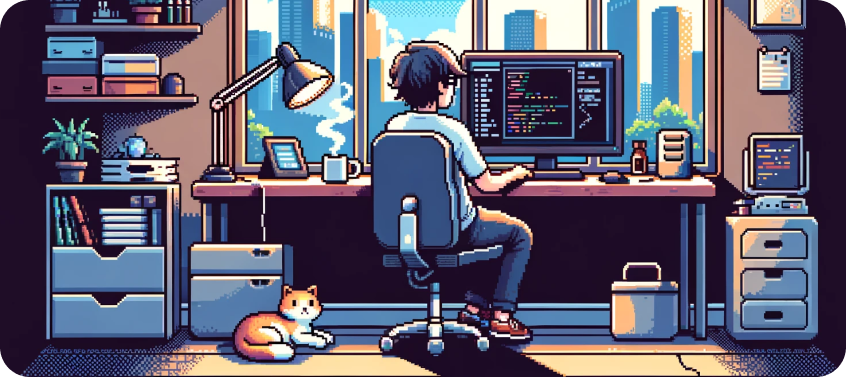 A pixelated illustration of a Software Engineer's home and his cat