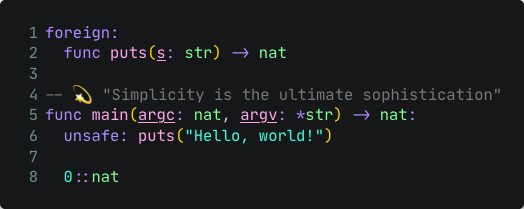 Syntax highlighting of a code snippet showing an application that prints 'hello world' to the console