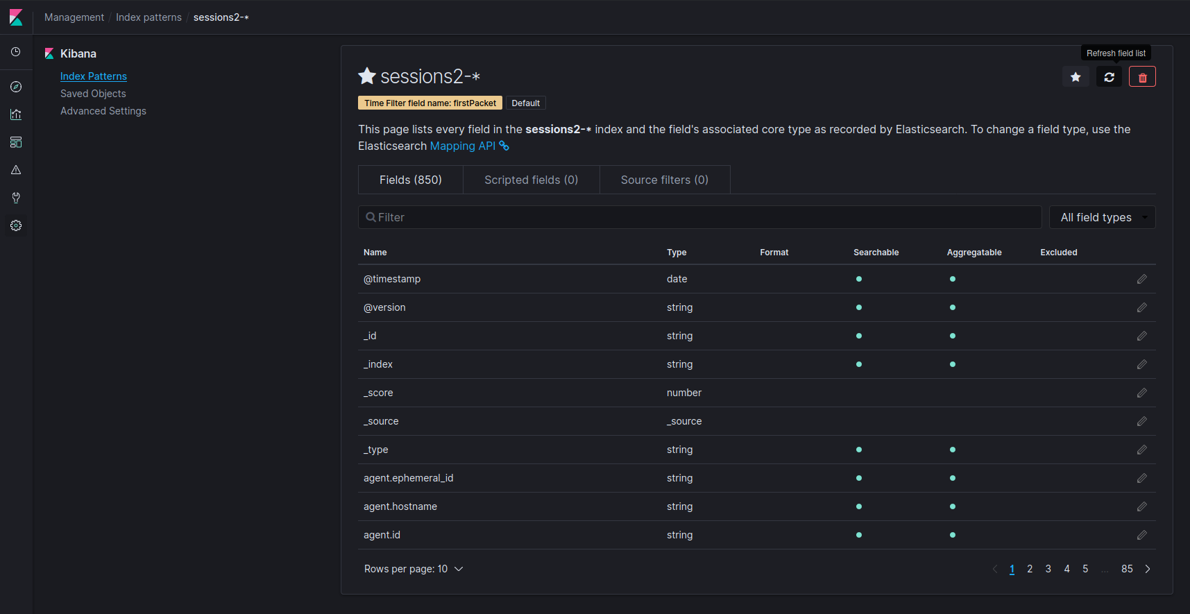 Refreshing Kibana's cached index pattern