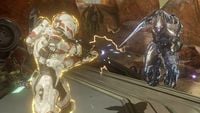 A Spartan-IV using a Storm Rifle against a Sangheili Zealot during the Requiem Campaign.