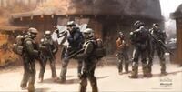 Concept art showing Kat-B320 commanding army troopers in a civilian area.