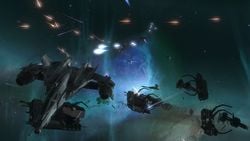 Promotional image for the Halo: Reach featuring a FSS-1000 Sabre during a battle around Anchor 9. Screenshot of the campaign level Long Night of Solace from the Halo: Reach press kit.