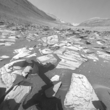 A Martian landscape taken by the Curiosity Rover, whose shadow is in the foreground.