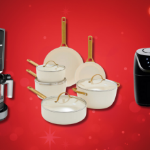 A collage of Black Friday kitchen deals with a Ninja coffee maker, a Caraway cookware set, and an Instant Pot air fryer.