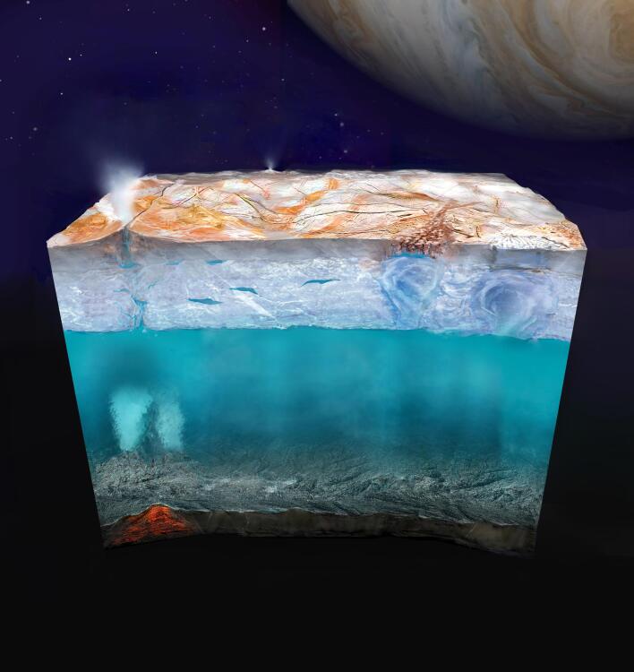 An artist's conception of the ocean, and geothermal energy sources, that could exist beneath Europa's thick ice crust.