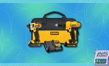 Dewalt cordless drill on Mashable Black Friday light blue background