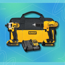 Dewalt cordless drill on Mashable Black Friday light blue background