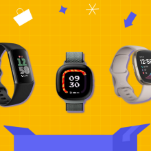 prime day illustration in yellow and blue with three Fitbit watches