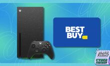 xbox series x galaxy black console on the left and a blue best buy gift card on the right against a blue and green patterned background