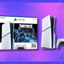 playstation 5 fortnite cobalt star bundle box on the left and the ps5 slim console and dualsense controller on the right against a purple and pink patterned background