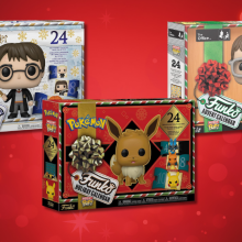 Funko pop asvent calendar collage against a red background 