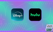 Disney+ and Hulu logos on top of purple and teal background