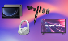 Shark FlexStyle, Samsung tablet, Sony headphones, and Amazon Fire TV with purple and pink background