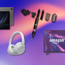 Shark FlexStyle, Samsung tablet, Sony headphones, and Amazon Fire TV with purple and pink background