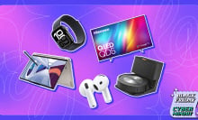 A colorful Black Friday background with an Apple watch, Hisense TV, iRobot vacuum, Microsoft 2-in-1 laptop, and Apple AirPods.