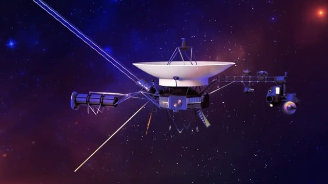 An artist's rendering of Voyager 1 against a starry background