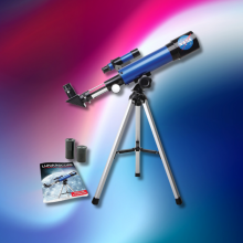 A blue and silver NASA Lunar Telescope for kids stands on a tripod, accompanied by two eyepieces and a guidebook.