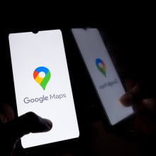 The Google Maps logo displays on a smartphone screen in Athens, Greece, on September 23, 2024.