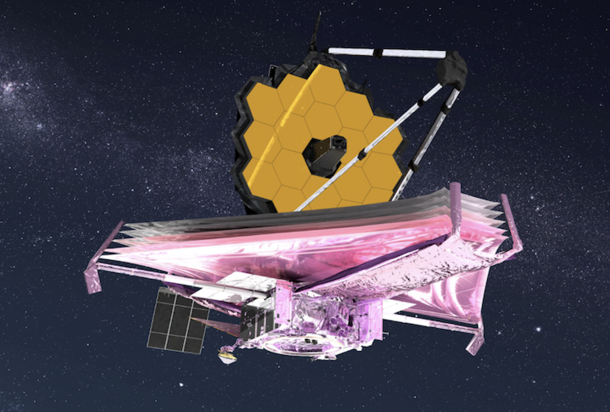 An artist's illustration of the James Webb Space Telescope viewing the cosmos from an orbit 1 million miles from Earth.