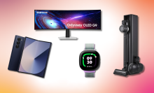 pink gradient background with collage of LG CordZero vacuum, Samsung gaming monitor, Samsung Galaxy Z Fold 6 phone, and Google Fitbit Ace