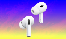 Apple AirPods Pro 2 on a purple to yellow gradient background