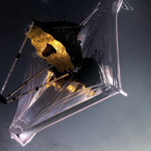 An artist's conception of the James Webb Space Telescope observing the cosmos 1 million miles from Earth.