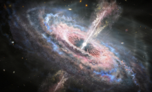 An artist's depiction shows how a quasar, which is the extremely bright core of a galaxy, unleashes torrents of energy from its central black hole.