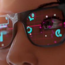 A close-up of smart glasses worn by a person.