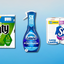 Bounty paper towels, Dawn dishwashing soap, and Scott paper towels against a blue background.