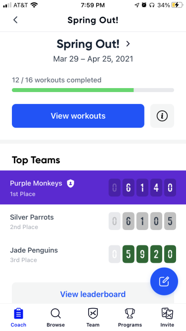 A screenshot of workout progress and teams from the Aaptiv app.