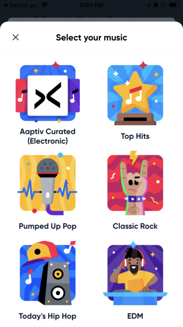 Music options in the Aaptiv app.