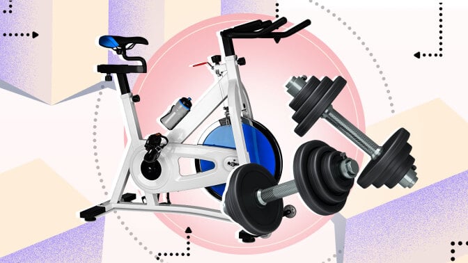 A stationary bike and a dumbbell on a colorful background