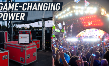 Split-screen image shows the power grid placed on stage (left) and a shot from a crowd cheering at a gig at night (right). Caption reads: "Game-changing power"