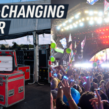 Split-screen image shows the power grid placed on stage (left) and a shot from a crowd cheering at a gig at night (right). Caption reads: "Game-changing power"