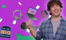 a man smiling and giving a thumbs up in front of a collage of tech products against a pink background