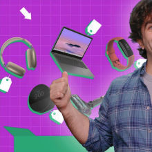 a man smiling and giving a thumbs up in front of a collage of tech products against a pink background