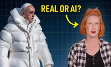 A woman looking confused next to a viral AI generated image of Pope Francis in a parka with an arrow and text reading "real or ai?"