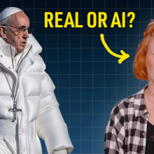 A woman looking confused next to a viral AI generated image of Pope Francis in a parka with an arrow and text reading "real or ai?"